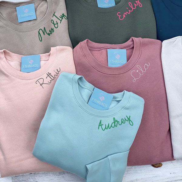 Custom Embroidered Sweatshirt, Choose Your Font, Personalized Neckline Crewneck, Holiday Gift, Bridal, Bridesmaid Custom Embroidery