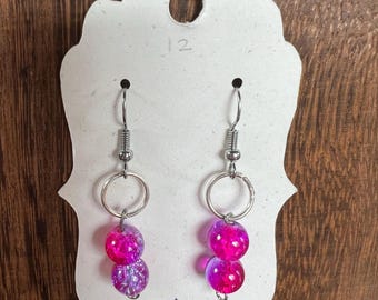 Fuschia Crackle Glass Bead Dangle Earrings