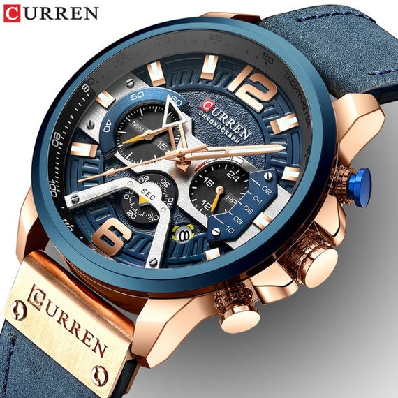  Relojes de lujo para hombre – Correa de piel para hombre – Reloj  de pulsera con cronógrafo y pulsera de moda – Disponible en azul o negro –  Diseño militar –