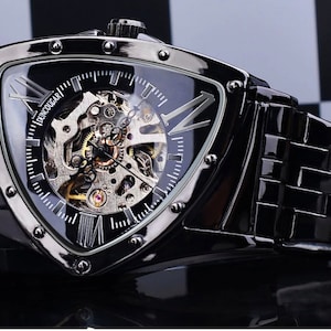 Duncougar Triangle Skeleton Black Automatic Watch Stainless Steel Men Business Sport Irregular Mechanical Wristwatch