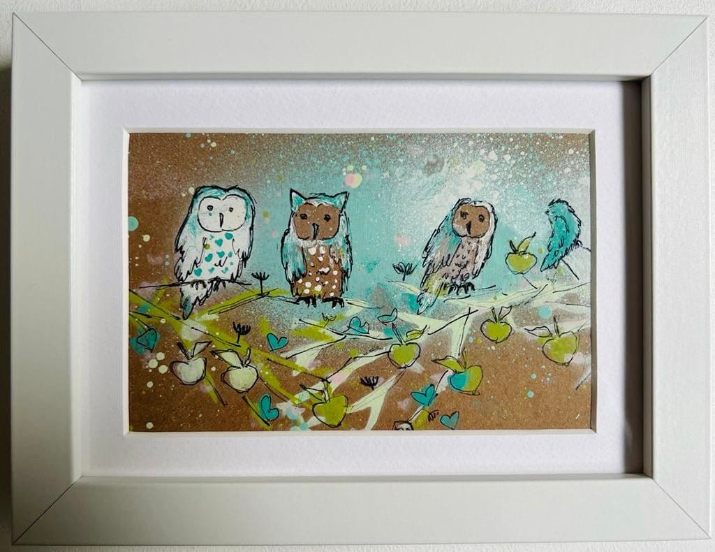 Elaine Graham Art 'Owls Watch' Box Frame 8" x 6" - Beautiful Original Painting Fro