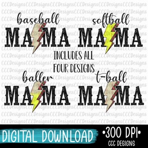 Baseball Mama, Softball Mama, T Ball Mama, Baller Mama, Bolt, PNG, Sublimation, Glitter, Baseball, Digital Download