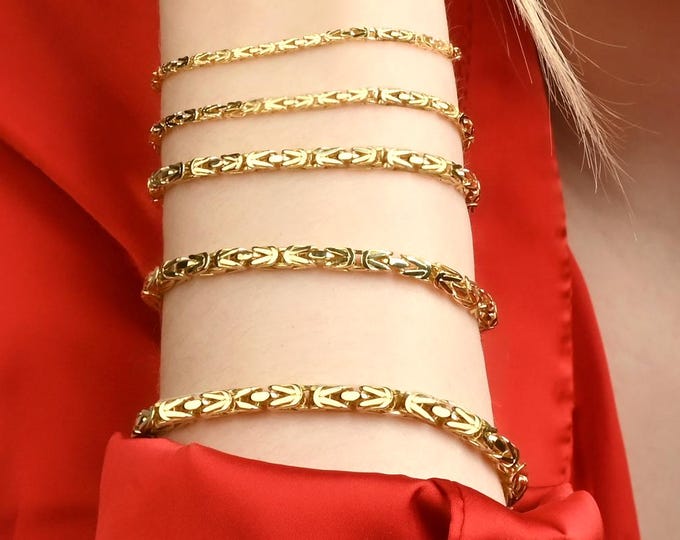 Featured listing image: 14K Gold Bold Byzantine Gold Bracelet for Women, 6mm Heavy Chain, Luxe Gold Statement Jewelry, Unique Men’s Gift, Stylish Everyday Bracelet