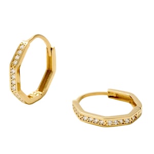 925 Silver Hexagon Hoop Earrings, Gold Plated Dainty Earrings, Minimalist Jewelry Gift For Her, Birthday Gift, Everyday Sparkle CZ Hoops