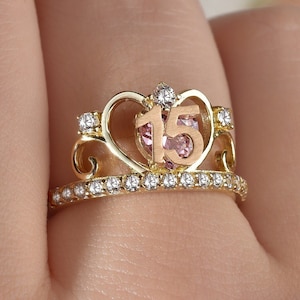 Anel Coroa de 15 Años com CZ em Ouro Maciço 14k, Coroa Quinceanera 15 Años Oro Real, Banda Coroa Quinceanera Doce 15 Años, presentes de aniversário
