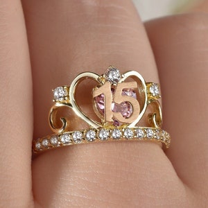 15 Años Crown Ring with CZ in 14k Solid Gold, Quinceañera 15 Años Crown Oro Real, Sweet 15 Años Quinceanera Crown Band, Wedding gift