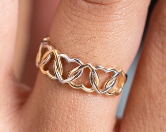 Heart jewelry in white gold and yellow gold made of 14K solid, Interwined hearts eternity band for wedding gifts, Love gift for her