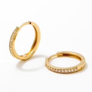 Gold Hoop Earrings, 14k Solid Gold Diamond Hoops, Pave Cz Huggies, Minimalist Everyday Earring for Women, Perfect Anniversary Gift for Her