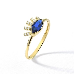 Blauer Saphir Evil Eye Frauen Bandring in 14K Gold, Minimalist Ring mit Geburtsstein für individuelles Geschenk, Ring für Mama Geschenk