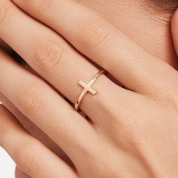 Cross 14k Gold Sideways Ring, 10k 18k Solid Gold Cross Ring, Handmade Cross Ring, Sideways Cross Shaped Ring, Gift for Her, Gift for Mom