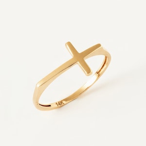 Cross Shaped Ring in 14K Solid Gold, 10K 18K Sideways Cross band, Cross Inpired Ring, Handmade Ring, Anniversary Rings, Gift for Her