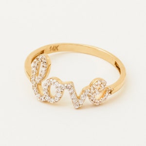 Love Word Script CZ Ring, 14k Solid Gold Minimalist Love Ring, Girlfriend Gift, Dainty Gold Ring, Love Script Ring, Delicate Love Ring