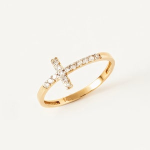 Cross Ring, 14k Solid Gold Sideways Cross Ring, Gold Cross Ring, 14K Solid Gold Rings for Woman, Gift For Her, Religious gift for mom