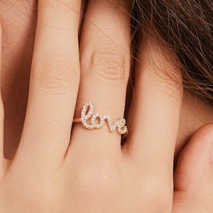 Love Word Script CZ Ring, 14k Solid Gold Minimalist Love Ring, Girlfriend Gift, Dainty Gold Ring, Love Script Ring, Delicate Love Ring