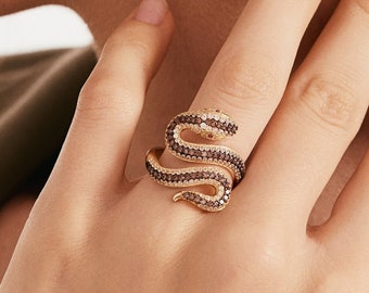 Snake Shaped Ring in Cz, 10k 18k Solid Gold Snake Spiral Ring, 14k gold Zirconia Snake Shaped Ring, Red Eyes Snake Ring, Gift for Her