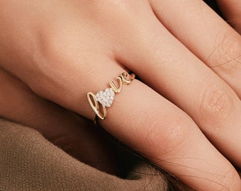 CZ Love Word Ring, 14k Solid Gold Love Script Ring, Dainty Gold Love Ring, Anniversary Gift For Her, Friendship Gift, Birthday Gift