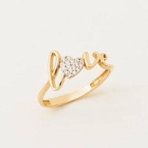 14k Solid Gold Love Script Ring, CZ Love Word Ring, Dainty Gold Love Ring, Anniversary Gift For Her, Friendship Gift, Birthday Gift