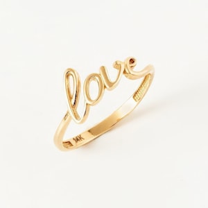 14k Solid Gold Love ring, Dainty Script Love Ring for women, Personalized Minimalist Ring, Gift For Girlfriend, Unique Gift for Her