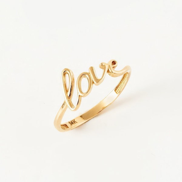 Love 14k Solid Gold women ring, Dainty Script Love Ring, Minimalist Love Script Ring, Gift For Girlfriend, Valentine's Gift for Her