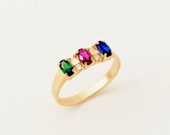 Sapphire, ruby and emerald birthstone ring with CZ in 14K solid gold to mom gift, Multicolor custom gifts for wife, Birthday gift for her