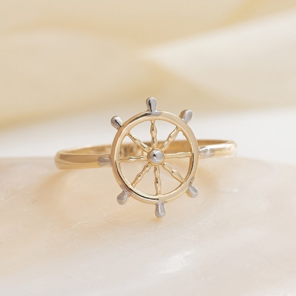 Wheel ring in two tone for sailors, Minimalist women jewelry with ship steering wheel, Nautical gift for her, 14k solid white gold ring