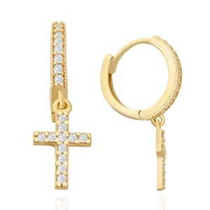 Pendiente de aro Huggie, pendientes colgantes de cruz de oro de 14k, joyería de crucifijo pavé para mujer, regalo para mamá, pendientes de puño de diamantes para ella