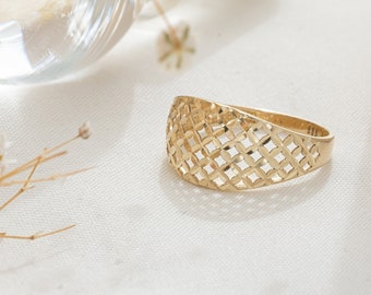 14K Solid Gold Geometric Band Ring, Delicate Wide Band Ring, Minimalist Geometric Ring, Gold Statement Ring, 14K Large Women Ring