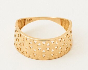 Geometric Flower 14K Gold Wide Band Ring: Solid Gold Minimalist Design