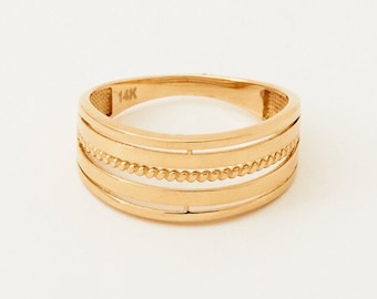 14k Solid Gold Wide Band Ring: Grooved Textured Mens Wedding Band