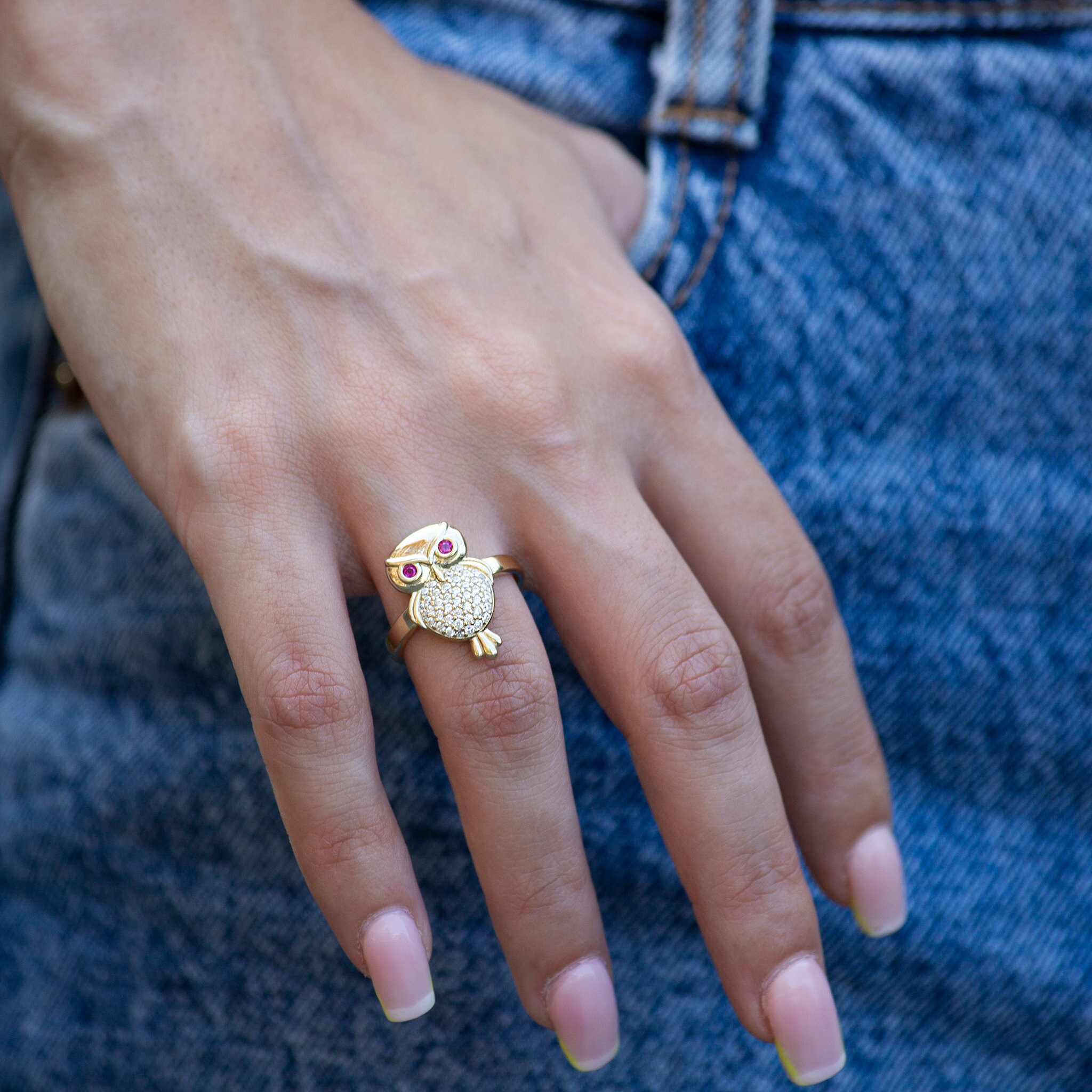 14k Solid Gold Owl Ring Owl Ring Minimalist Real Ring Owl Etsy