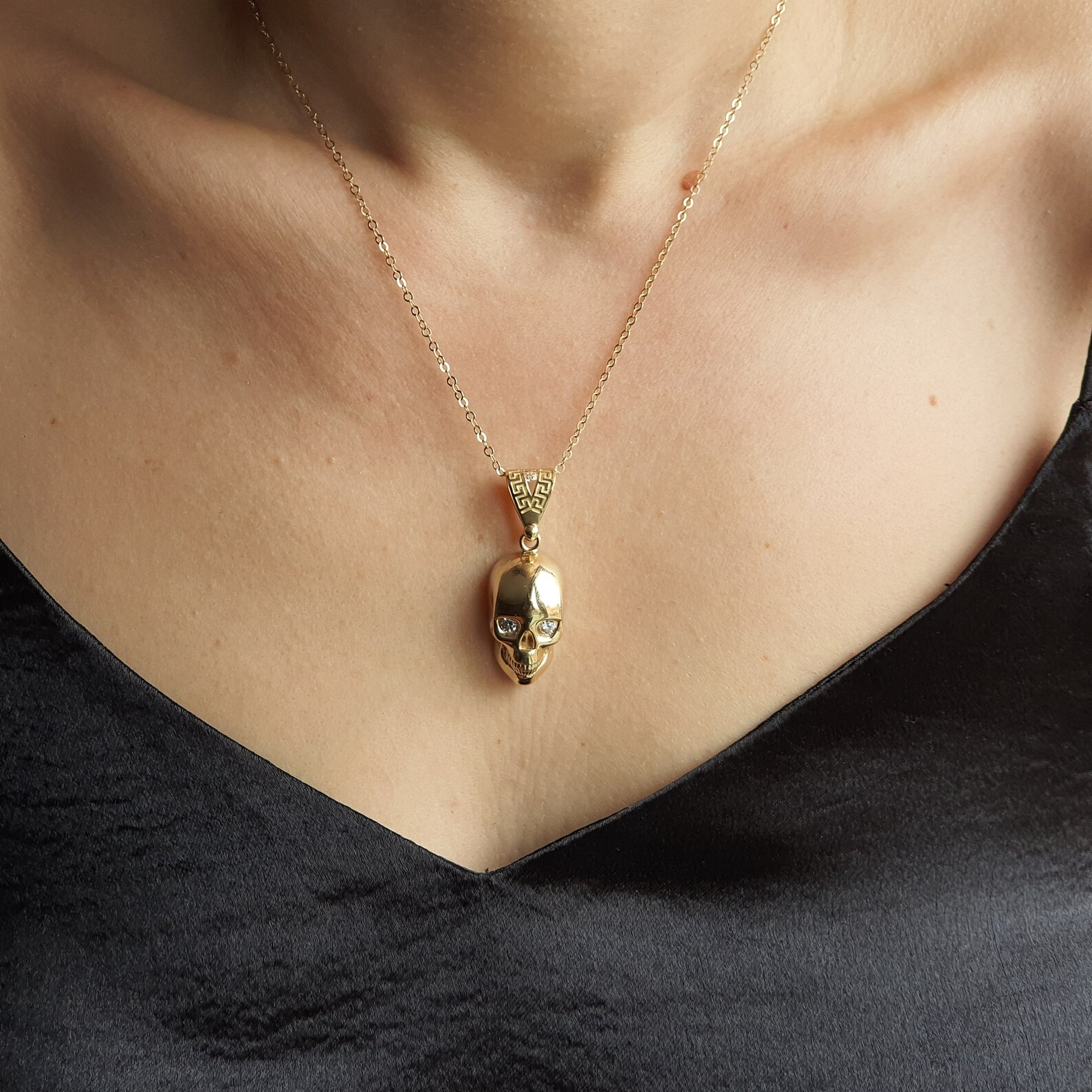 14k Solid Gold Skull Charm Skull Necklace Christmas Etsy