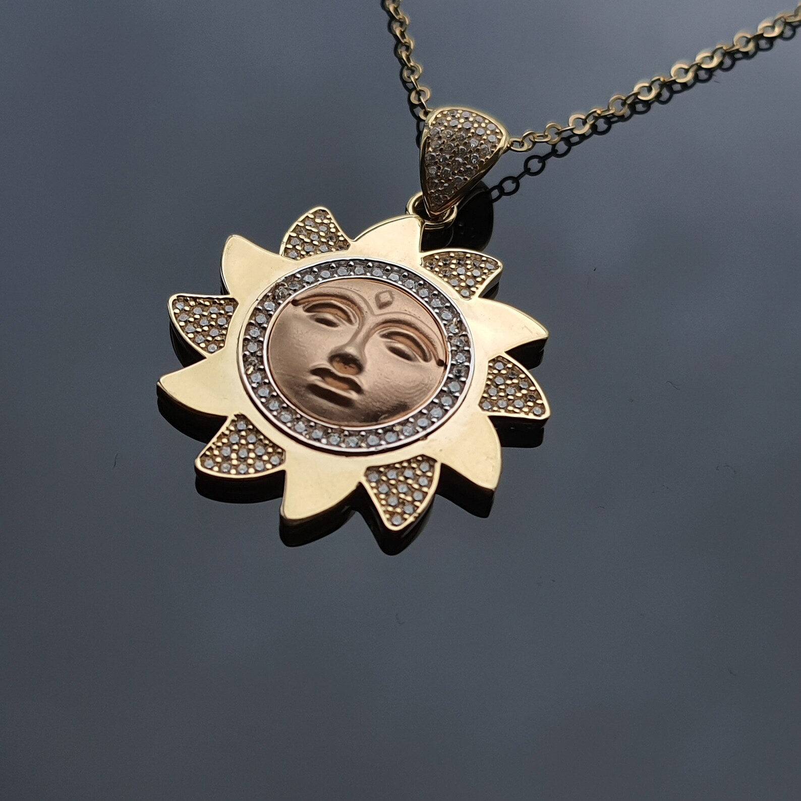 14k Solid Gold Sun Pendant Sun Face Pendant Real Gold Dainty Etsy