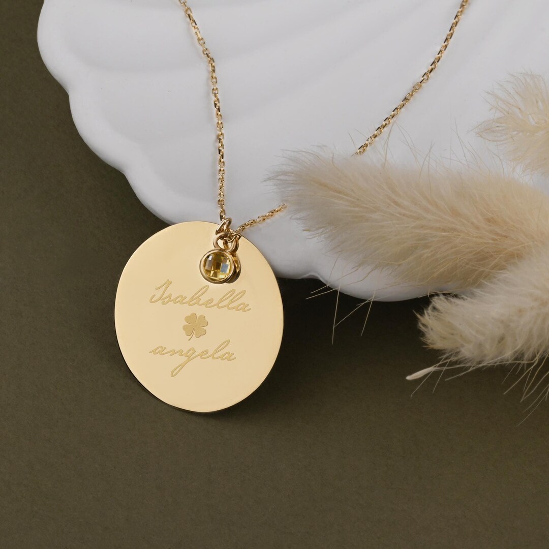 Personalized 14k Gold Disc Necklace: Engraved Charm, Birthstone