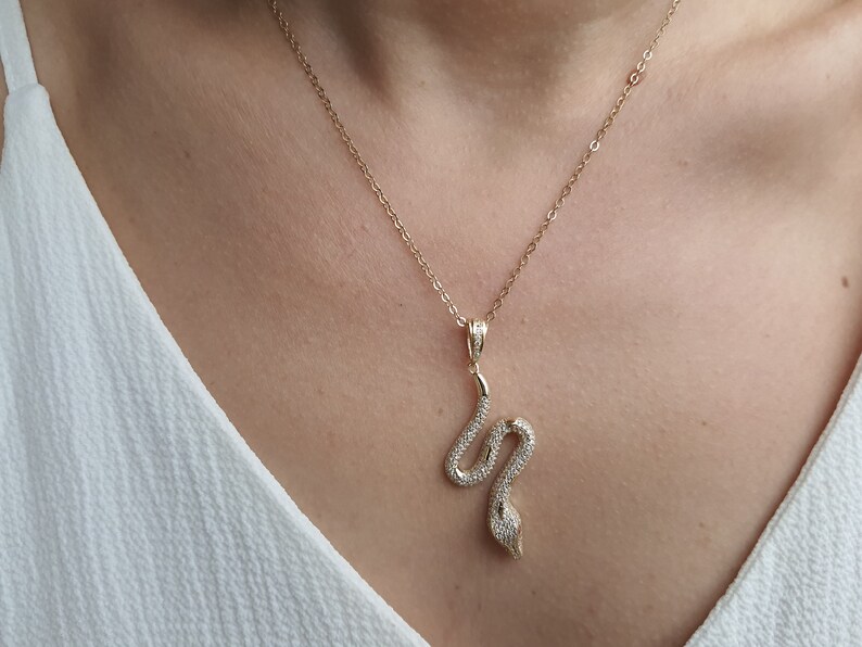 14k Solid Gold Snake Pendant Real Gold Dainty Necklace Etsy