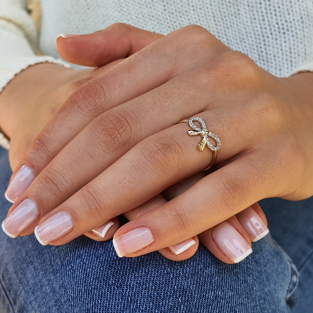 14k Solid Gold Bow CZ Ring Ribbon Gold Ring Minimalist Gold Etsy