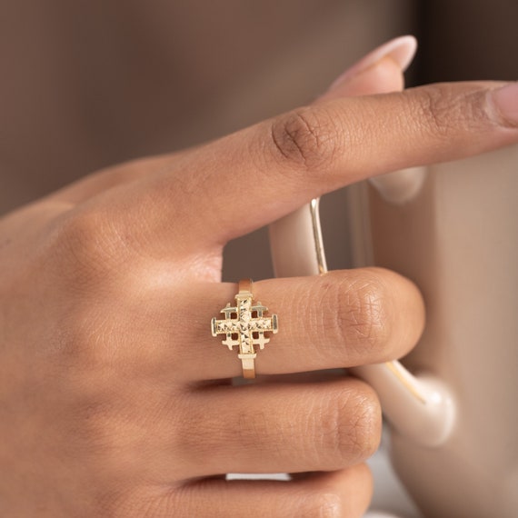 14K Solid Gold Cross Ring Religious Jewelry Dainty Etsy