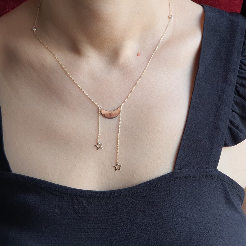 Crescent Moon Necklace Christmas Gift 14k Solid Gold Moon Double Star Necklace Girlfriend Gift Solid Gold Crescent Necklace