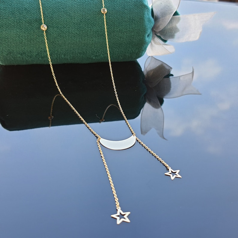 Crescent Moon Necklace Christmas Gift 14k Solid Gold Moon Double Star Necklace Girlfriend Gift Solid Gold Crescent Necklace