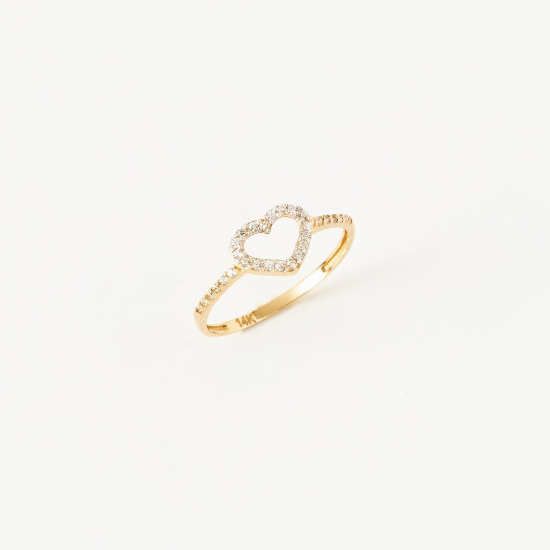 Minimalist Heart Ring With CZ, 14K Solid Gold Heart Ring