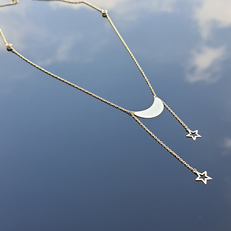 Crescent Moon Necklace Christmas Gift 14k Solid Gold Moon Double Star Necklace Girlfriend Gift Solid Gold Crescent Necklace