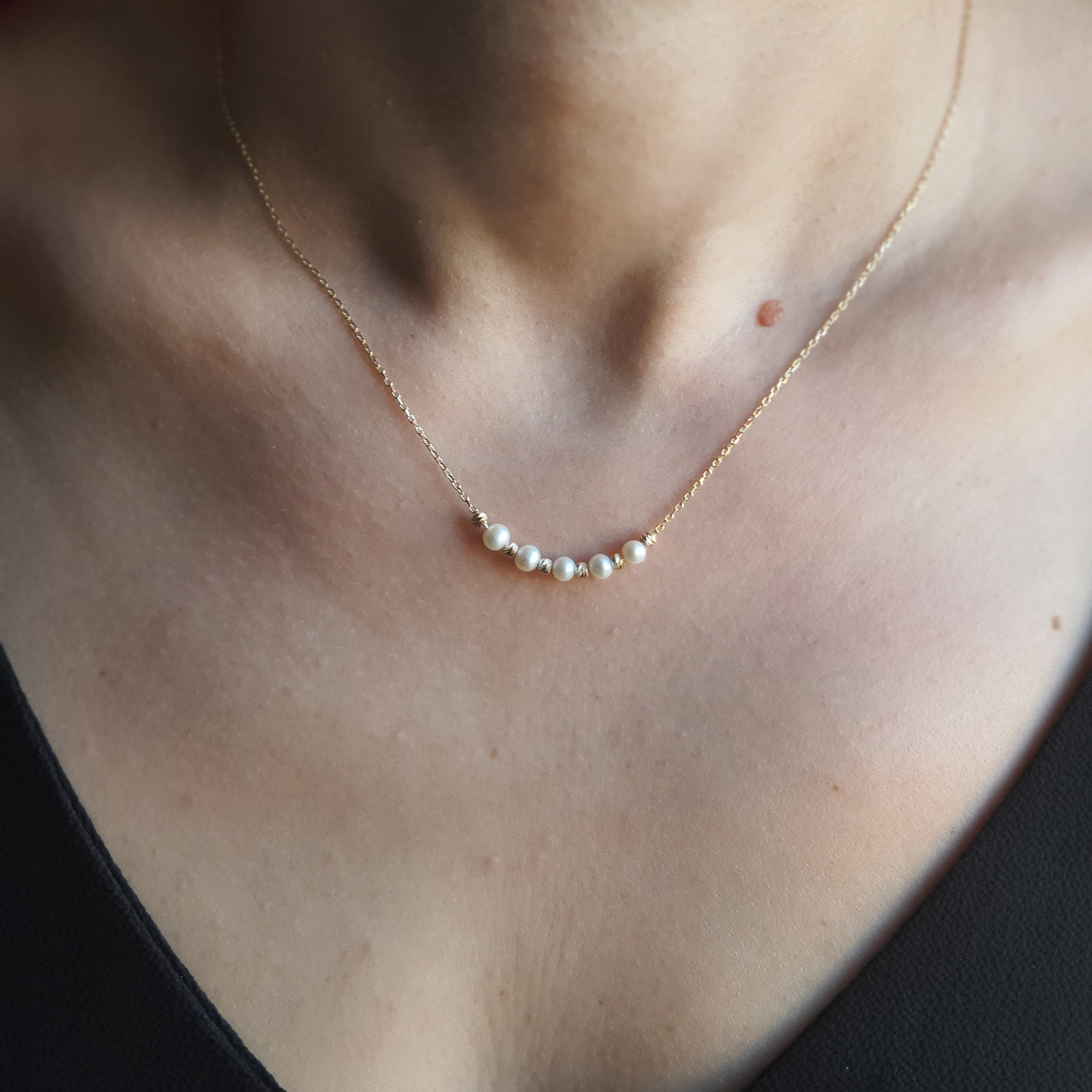 14k Solid Gold White Pearl Necklace Real Gold White Pearl Etsy