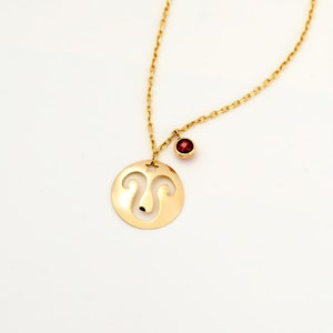 Aries Zodiac Sign Disc Necklace in 14K Solid Gold, Birthstone Pendant ...