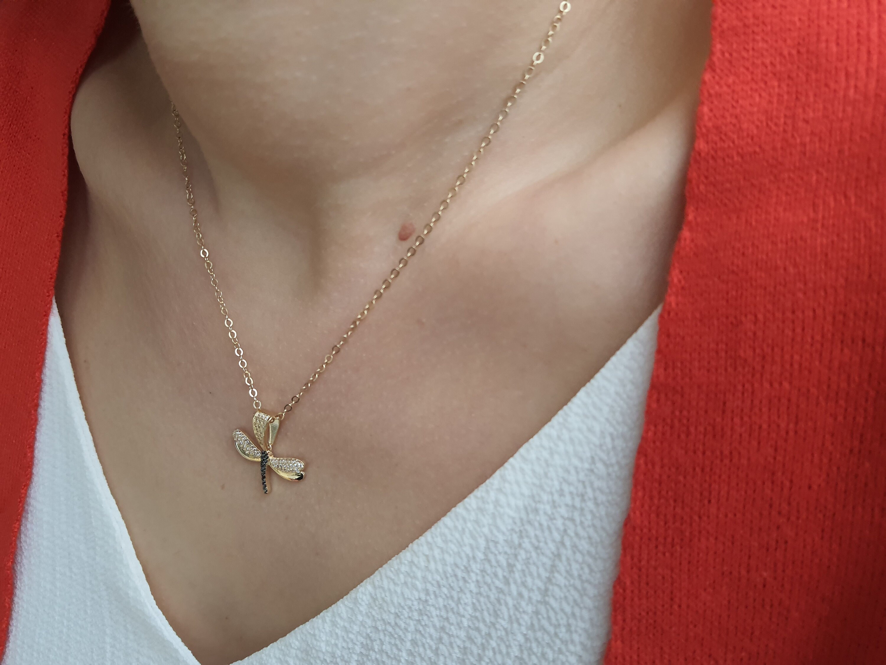14k Solid Gold Dragonfly Pendant Real Gold Dainty Necklace Etsy