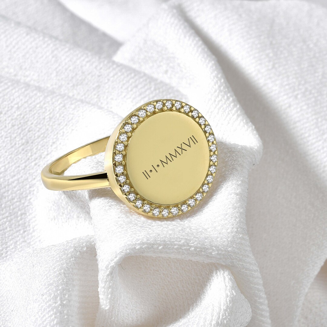 Handwrite Diamond 14K Gold Diamond Signet Ring: Custom Handwriting Engraved Gift - Etsy