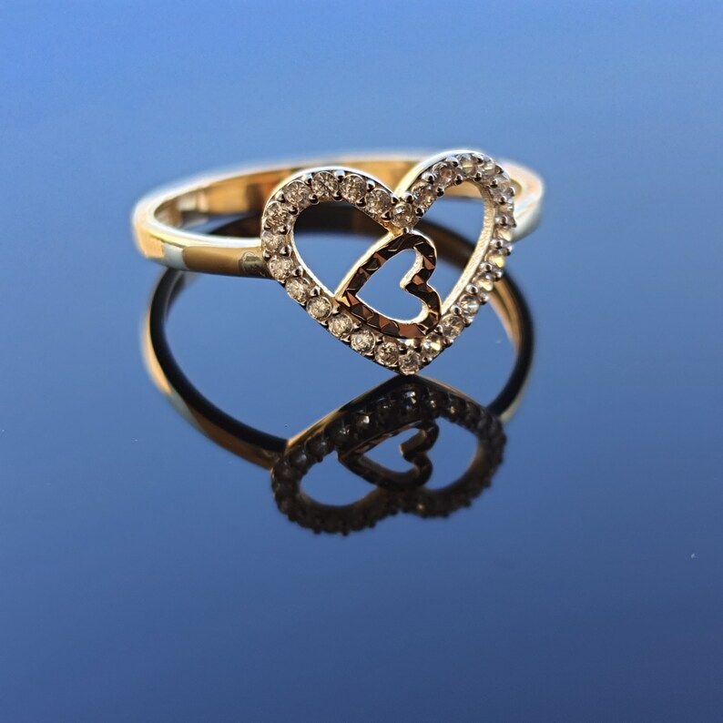 14k Solid Gold Double Heart Ring Solid Gold Love Ring Etsy