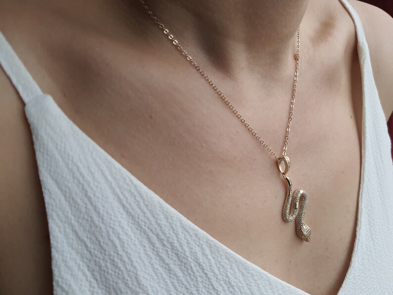 14k Solid Gold Snake Pendant Real Gold Dainty Necklace Etsy