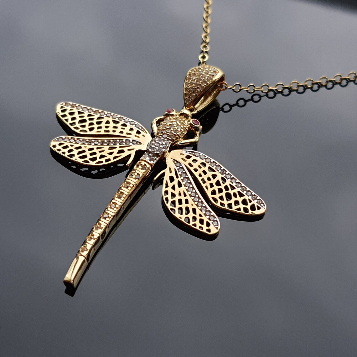 14k Solid Gold Dragonfly Pendant Real Gold Dainty Necklace Etsy