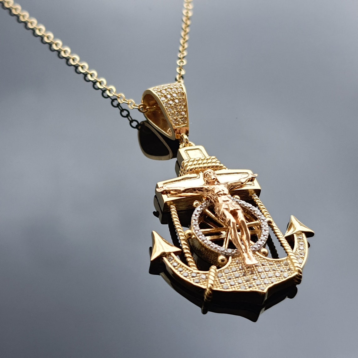 14k Solid Gold Jesus Anchor Charm Necklace Christmas Gift Etsy