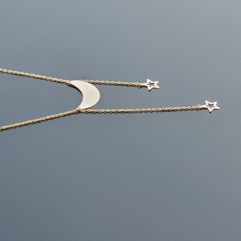 Crescent Moon Necklace Christmas Gift 14k Solid Gold Moon Double Star Necklace Girlfriend Gift Solid Gold Crescent Necklace