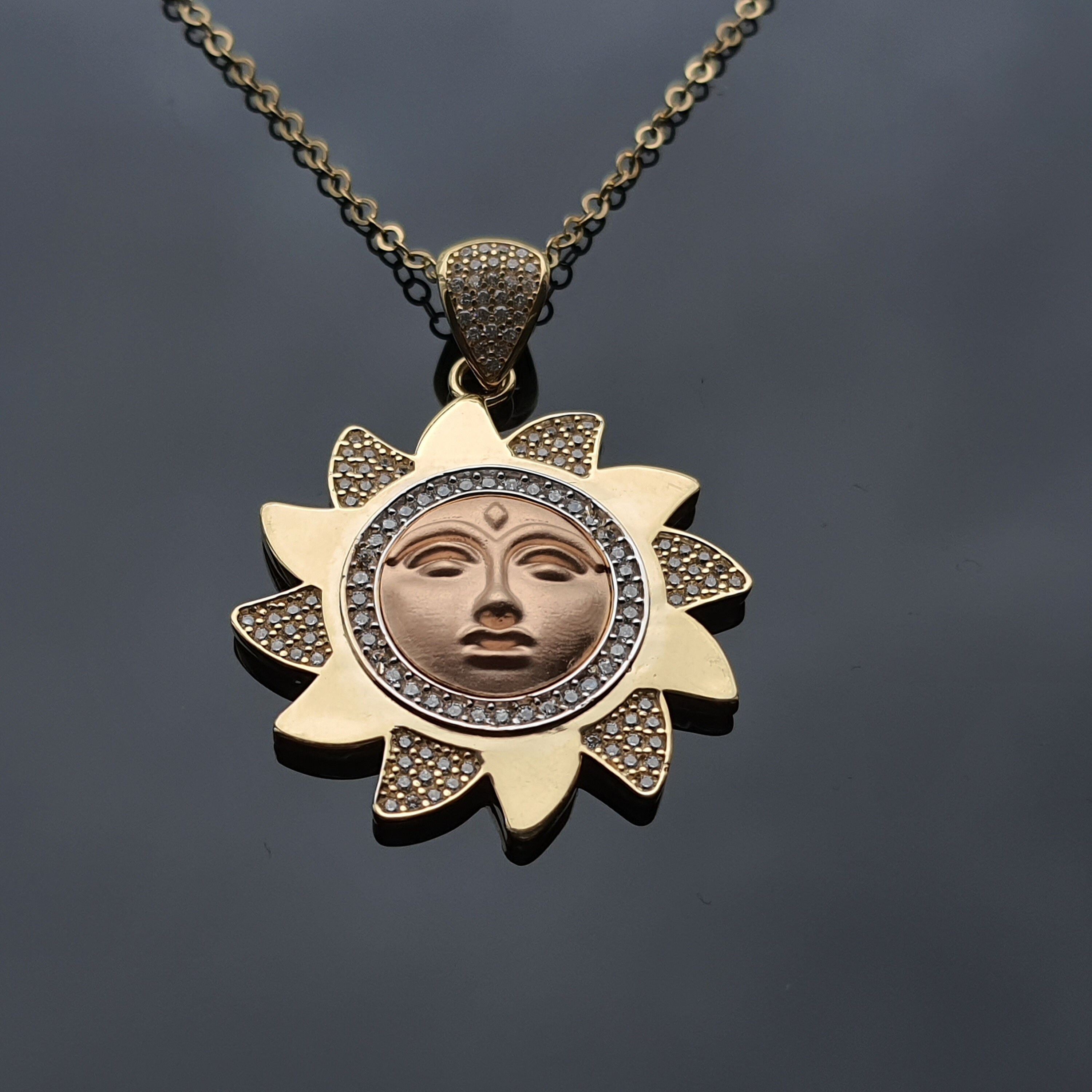 14k Solid Gold Sun Pendant Sun Face Pendant Real Gold Dainty Etsy